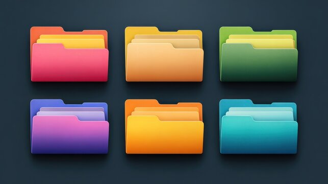 Six colorful digital file folders are arranged in two rows of three, against a dark background.  Each folder is slightly different in hue and contains multiple color-coded documents