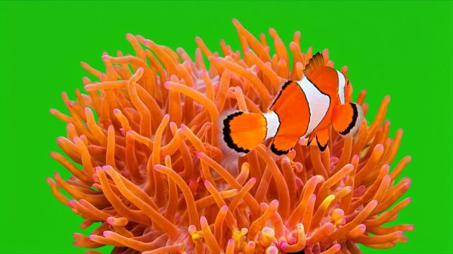 orange clown fish with coral anemon isolated on a green screen for vfx projects