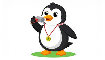 Fototapeta premium A cartoon penguin wearing a necklace drinking.