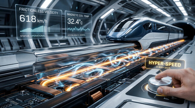 Futuristic maglev train traversing tunnel with digital velocity and temperature dashboard interface