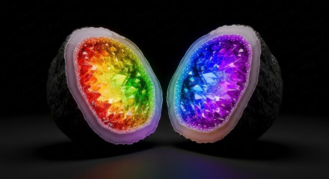 Vibrant Rainbow and Galaxy Geodes Illuminated with Inner Light.