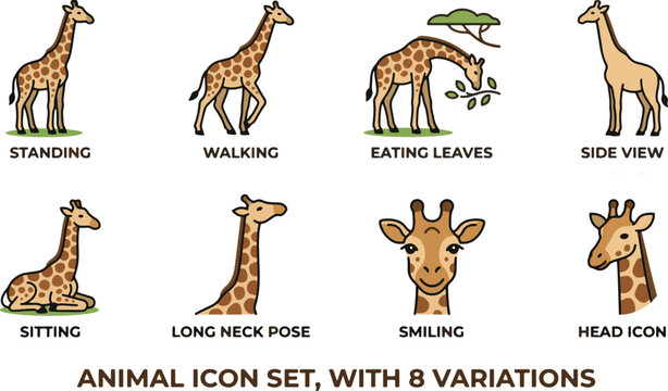 Giraffe animal icon set featuring 8 variations including standing, walking, eating leaves, sitting, cute pose, and giraffe head icons. Flat vector illustration with clean lines isolated on white backg
