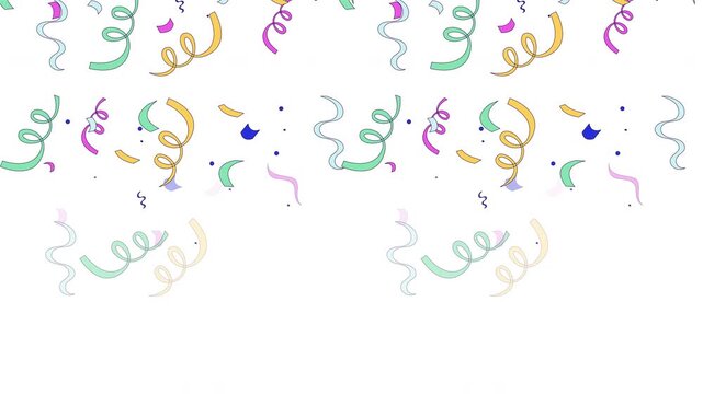 Confetti curling streamers falling down top border video overlay. Party surprise. Animated upper edge frame with cascading elements. Motion graphics with copy space. Decoration seamless animation