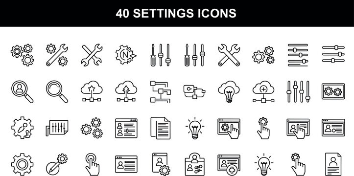 Settings configuration controls line icons set system preferences adjustment interface outline vector symbols collection