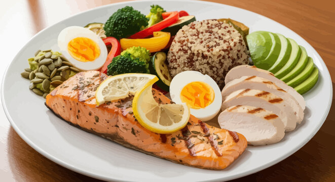 Grilled salmon fillet served with quinoa avocado boiled egg vegetables and seeds on a white plate in cartoon style