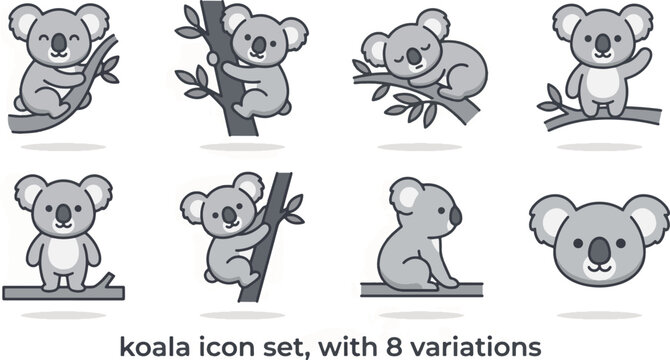 Koala animal icon set featuring 8 variations including sitting, climbing tree, sleeping, resting, standing, and koala head icon. Flat vector illustration with clean lines isolated on white background.