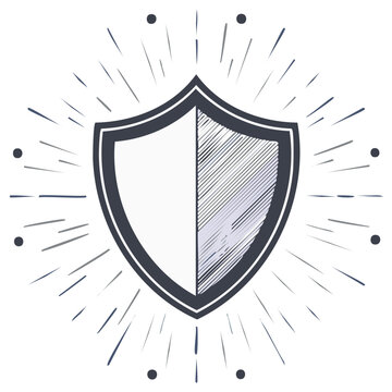 Hand drawn shield icon with a vintage sunburst effect for security and protection concepts