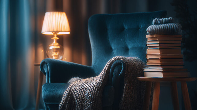 Cozy reading corner with plush velvet armchair stack of vintage books warm glowing lamp and soft knit throw blanket in a dark moody atmosphere for home interior design concept