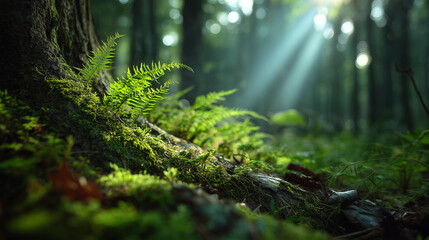 Fototapeta premium Lush green ferns growing on mossy tree roots in an enchanting misty forest with ethereal sunlight rays piercing through the dark canopy creating a magical tranquil atmosphere in nature
