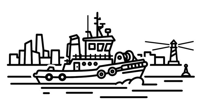Cartoon-style tugboat navigating harbor waters with city skyline and lighthouse in background nautical vector illustration in bold lines