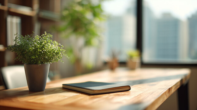 Minimalist home office workspace featuring a small potted plant and a closed notebook on a wooden desk with soft natural morning sunlight creating warm shadows and a peaceful studious atmosp