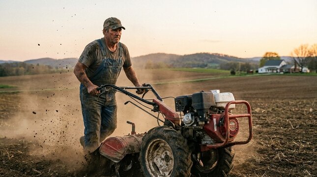 Farmer guides a walk behind tiller across a dusty field at sunset, rural hills and a farmhouse in the distance, mood feels hardworking and determined