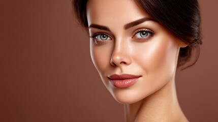 Naklejka premium Close-Up Portrait of a Beautiful Young Woman with Smooth Skin, Captivating Eyes, and Soft Features Set Against a Warm Brown Background