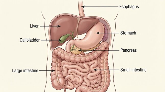 Human Digestive System Diagram with Labeled Organs