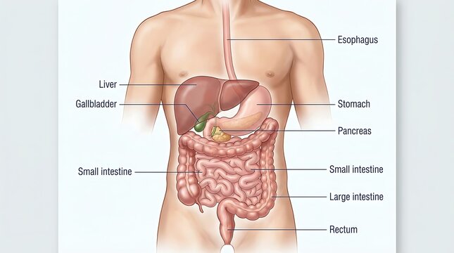 Detailed Human Digestive System Diagram with Anatomical Labels