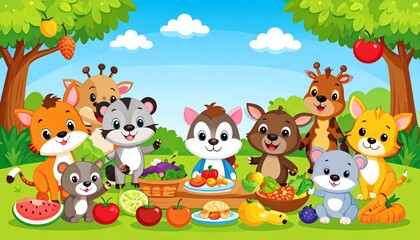 Naklejka premium A group of cartoon animals having a picnic.