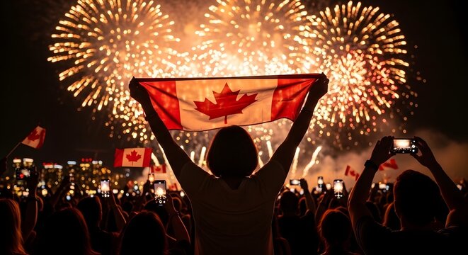 Canada day celebration fireworks illuminate the night sky with national pride