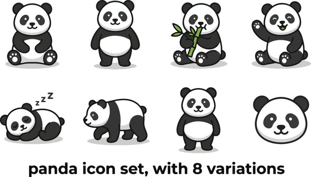 Panda animal icon set featuring 8 variations including sitting, standing, eating bamboo, sleeping, walking, cute pose, and panda head icon. Flat vector illustration with clean lines isolated on white 