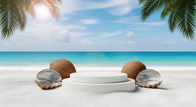 Tropical beach scene with crystal spheres and coconut display