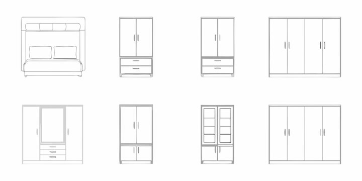 Line drawing of bedroom furniture including beds and various wardrobes