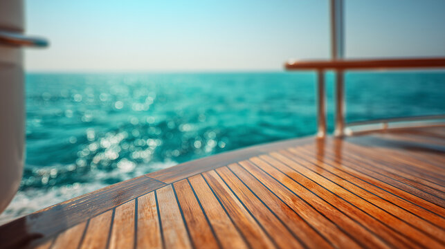 Luxury Yacht Wooden Teak Deck Detail with Blurred Turquoise Sea Background Nautical Lifestyle Vacation Concept