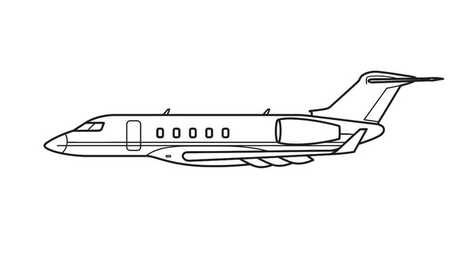 Line art illustration of private jet airplane; minimalist style black and white outline design of corporate travel aircraft aviation