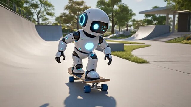 Cute futuristic robot riding skateboard in skatepark, blending AI technology with fun lifestyle, innovation, and playful robotics in a modern outdoor setting.