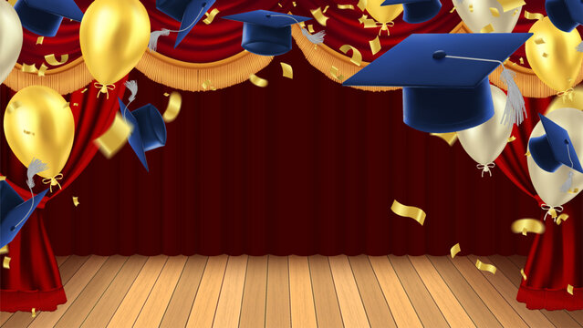 Grand graduation ceremony background featuring a classic theater stage red velvet curtains light wooden plank floor The scene filled  dark blue graduation caps with silver tassels flying