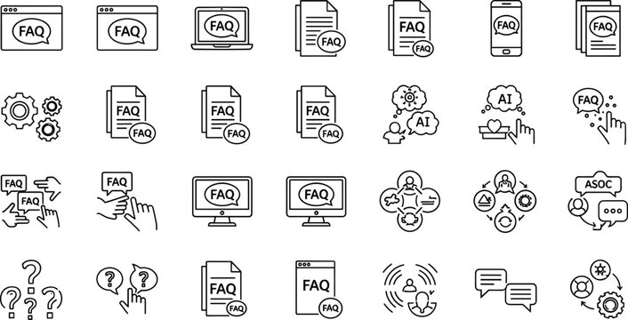 FAQ help support line icons set question answer knowledge base assistance outline vector symbols collection