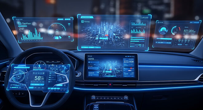 Car dashboard with digital display screen.