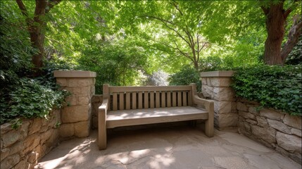 Fototapeta premium Serene Wooden Bench Surrounded by Lush Greenery in Idyllic Tranquil Garden Setting with Natural Light Filtering Through Trees