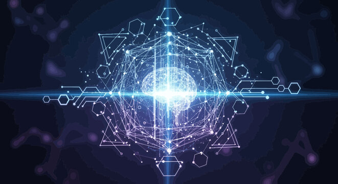 Digital brain design with geometric shapes and interconnected nodes on a dark blue background representing artificial intelligence