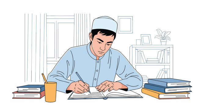 Studious young man wearing a kufi cap and light blue shirt sitting at a desk and writing in a large notebook surrounded by books.