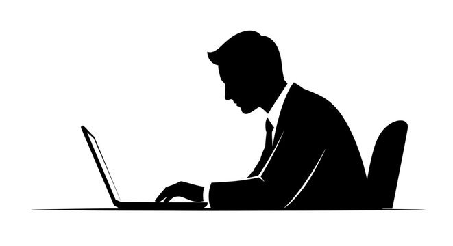 Silhouette of man using laptop.