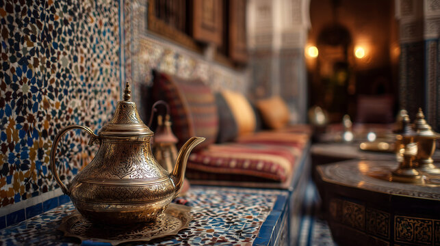 Exquisite ornate metallic Moroccan teapot placed on a colorful mosaic tile table in a traditional riad interior setting with soft warm ambient lighting and ethnic decorative patterns and cus