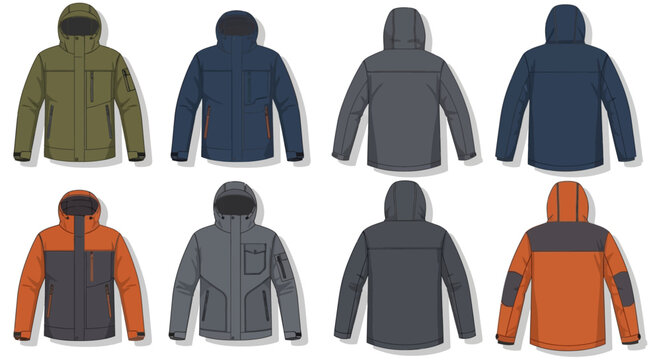 Variety of colorful outdoor hooded jackets.