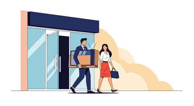 Happy couple walks out of a modern electronics store carrying a large cardboard box with a television set inside after a successful purchase.