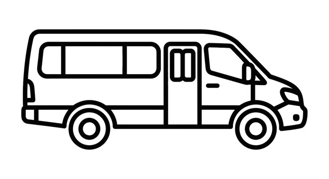 Line art illustration of a commercial passenger van side view featuring clean black lines simple design and a clear visual representation of the vehicle