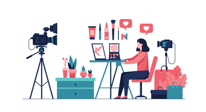 Professional beauty influencer sits at her desk recording a makeup tutorial video using multiple cameras and studio lighting in her home office.