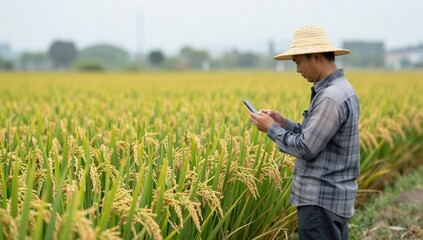 Fototapeta premium Farmer Using Smartphone in Rice Field During Harvest Season