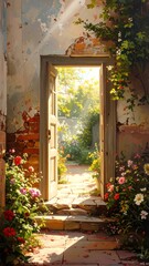Fototapeta premium A serene garden pathway through an open doorway
