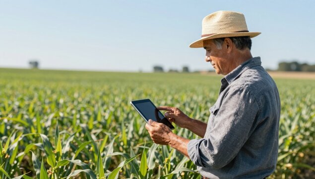 Farmer Using Tablet in Corn Field Under Clear Blue Sky