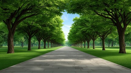Obraz premium Serene Tree-Lined Pathway Through Lush Green Park with Bright Skies and Vibrant Foliage for Nature Lovers and Outdoor Enthusiasts