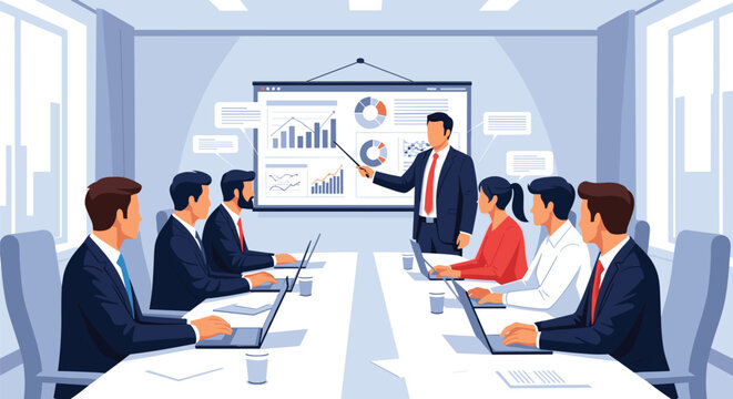 Confident male professional delivers a detailed business presentation using charts and graphs to his colleagues.