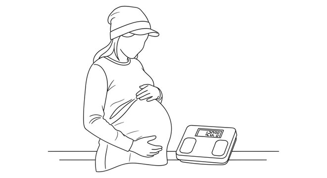 Pregnant woman wearing beanie and sweater checks weight on digital scale illustration