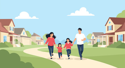 Obraz premium Joyful family with two young daughters running along a winding path in a sunny suburban neighborhood surrounded by green grass and houses.