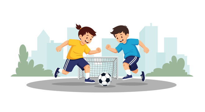 Two active children playing soccer together on a grassy field with a beautiful city skyline and modern buildings in the background.