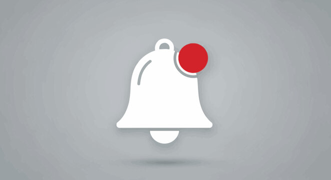 White notification bell icon with red dot on gray textured background new message alert in modern flat design minimalist social media reminder