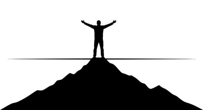 Man standing on mountain peak triumphantly.