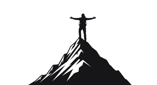Man standing on mountain peak triumphantly.